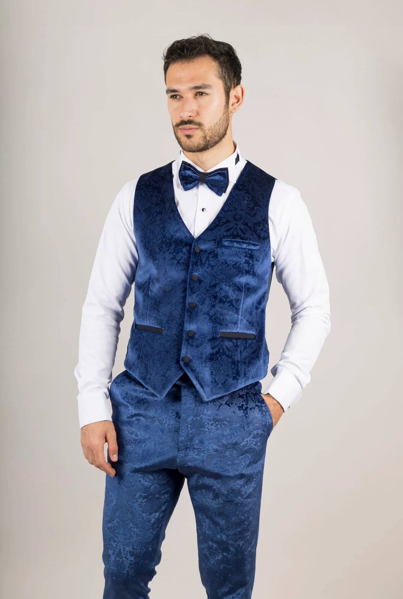 AK-27 Men’s Blue 3-Piece Velvet Wedding Tuxedo With Black Satin Lapels - Image 5