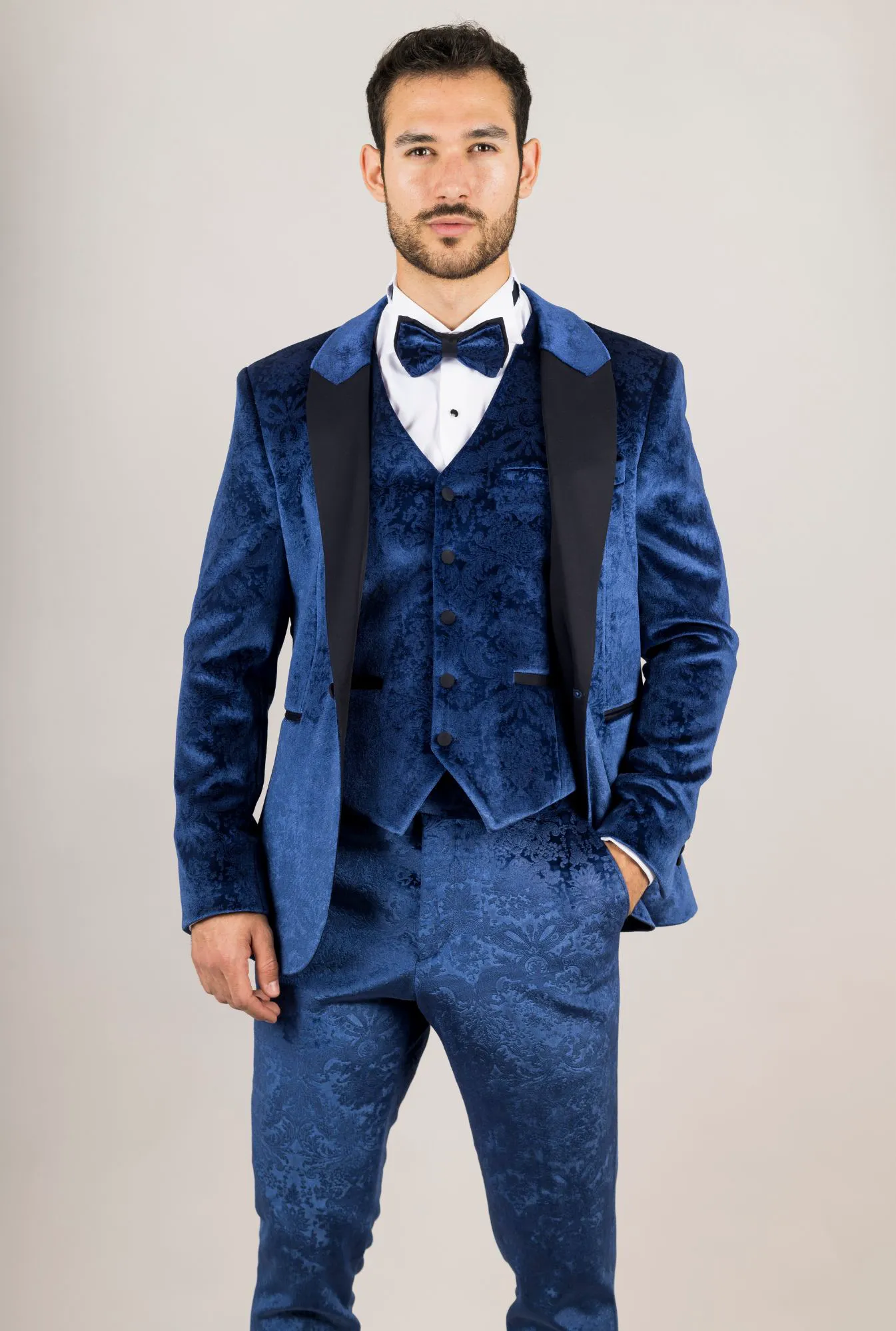 AK-27 Men’s Blue 3-Piece Velvet Wedding Tuxedo With Black Satin Lapels