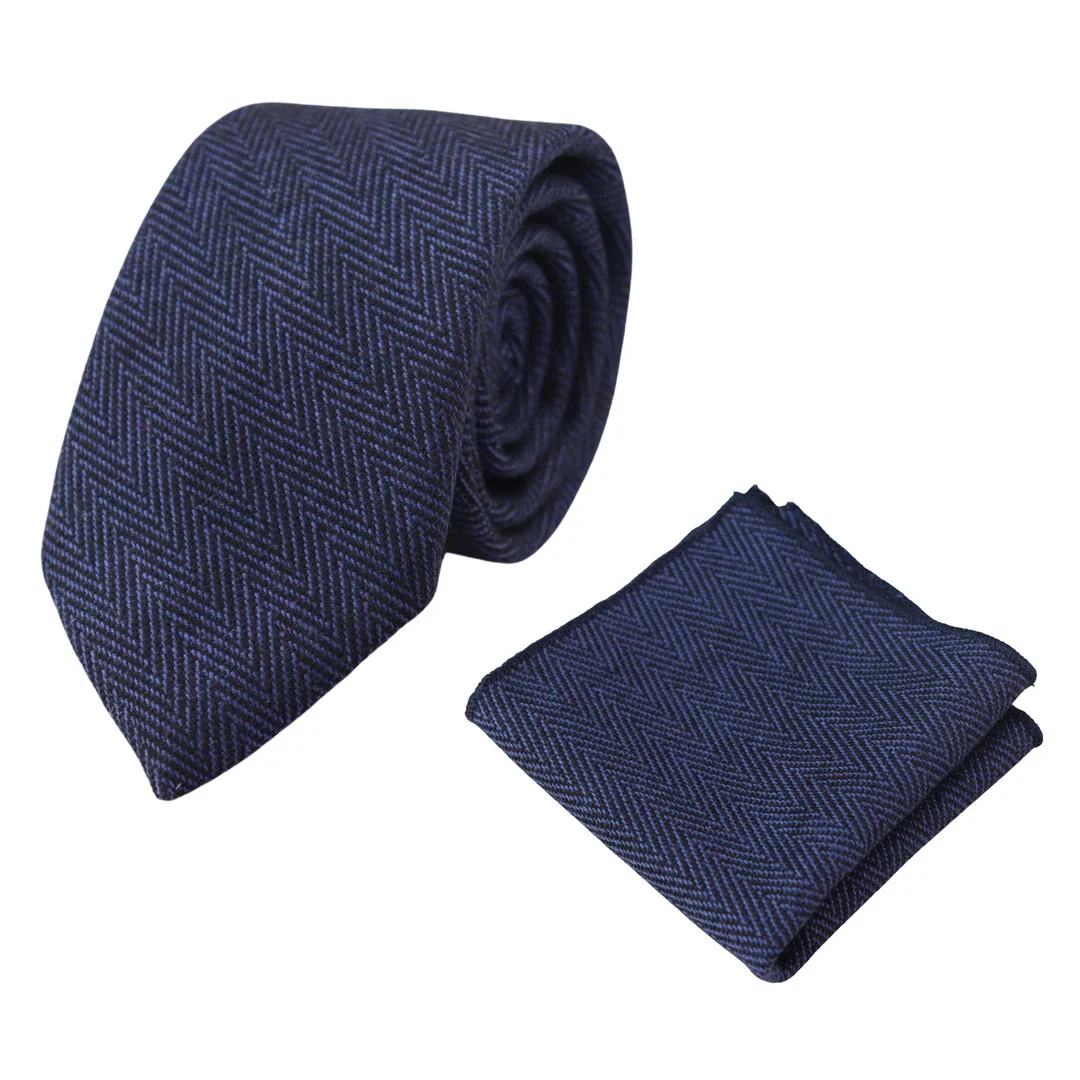 Men’s Tweed Blue Herringbone Tie & Pocket Square Set - Image 2