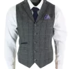 Cavani Albert – Mens Classic Tweed Herringbone Check Brown Grey Slim Fit Vintage Waistcoat Gilet-Charcoal