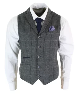 Cavani Albert – Mens Classic Tweed Herringbone Check Brown Grey Slim Fit Vintage Waistcoat Gilet-Charcoal