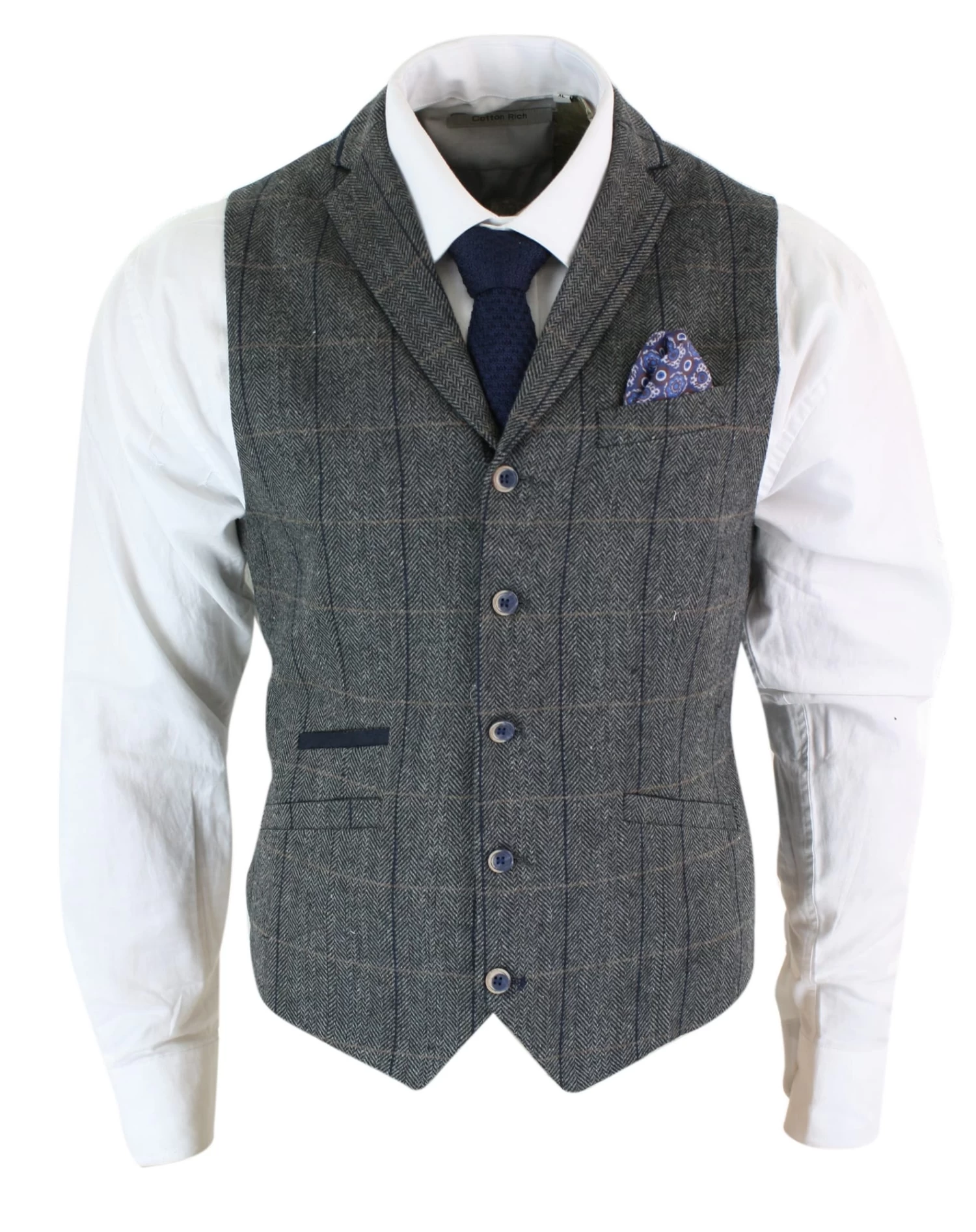 Cavani Albert β Mens Classic Tweed Herringbone Check Brown Grey Slim Fit Vintage Waistcoat Gilet-Charcoal