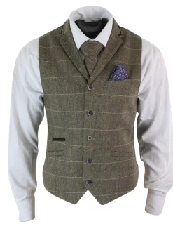 Cavani Albert – Mens Classic Tweed Herringbone Check Brown Grey Slim Fit Vintage Waistcoat Gilet-Tan