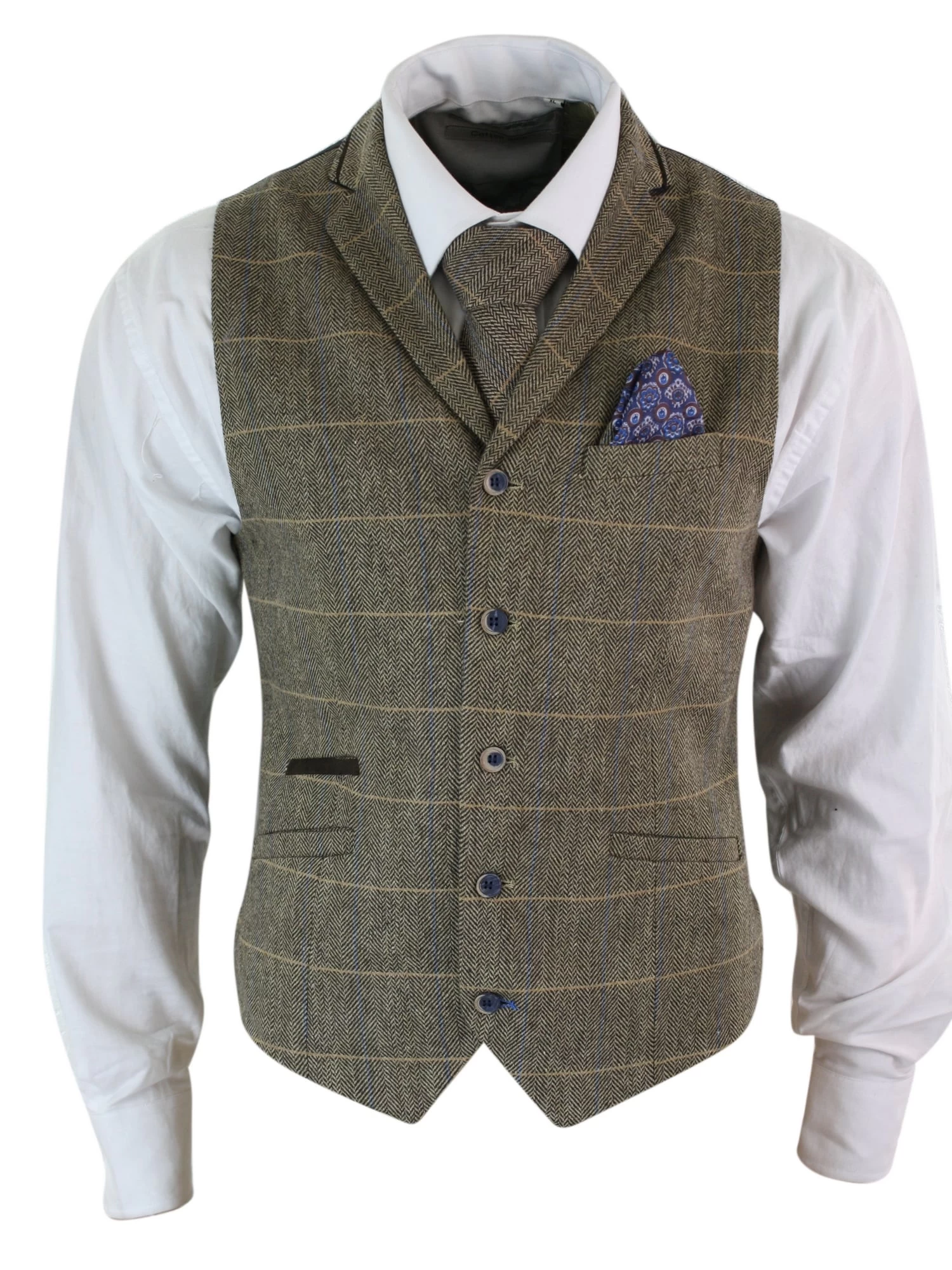 Cavani Albert β Mens Classic Tweed Herringbone Check Brown Grey Slim Fit Vintage Waistcoat Gilet-Tan - Image 4