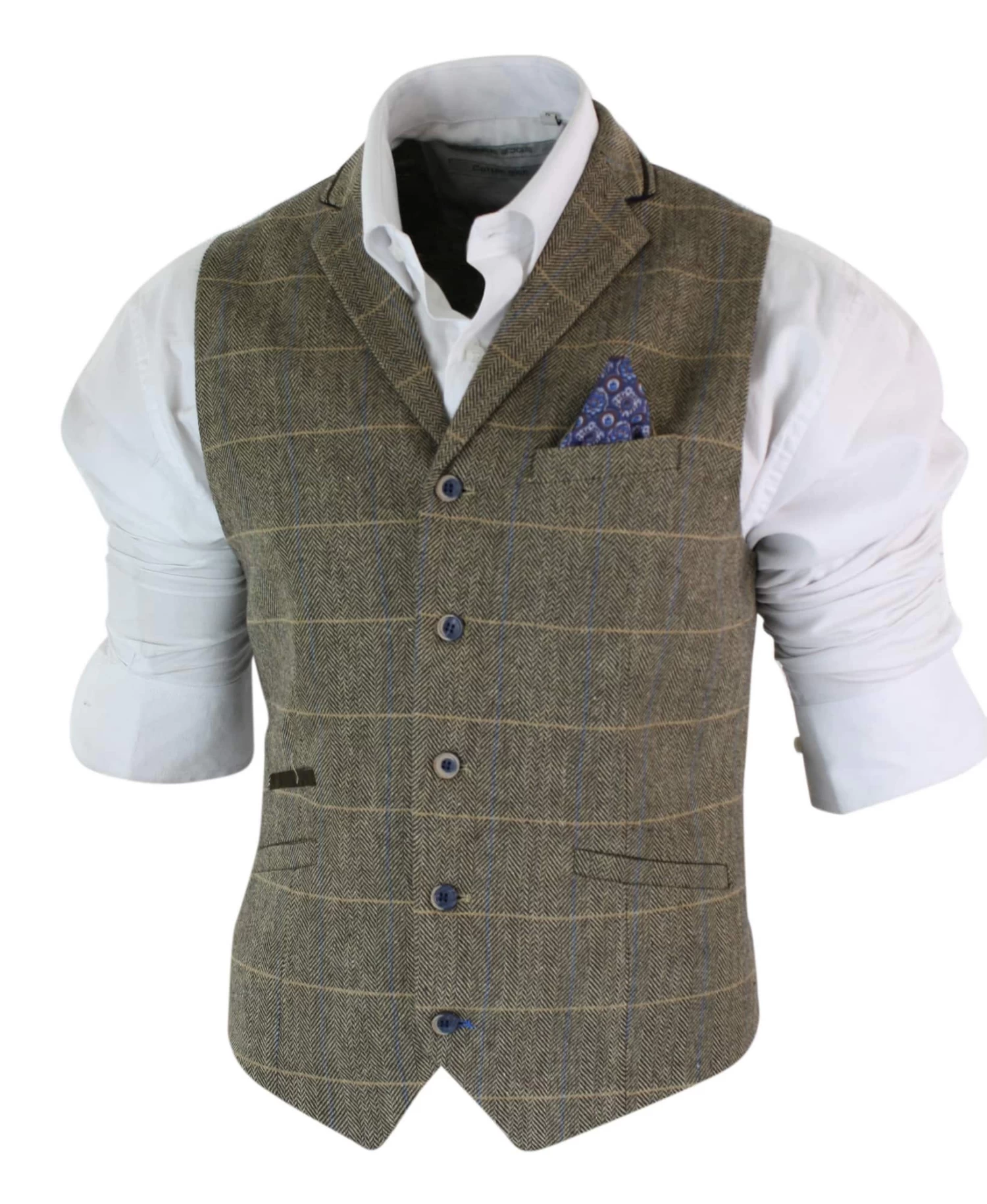 Cavani Albert β Mens Classic Tweed Herringbone Check Brown Grey Slim Fit Vintage Waistcoat Gilet-Tan - Image 3