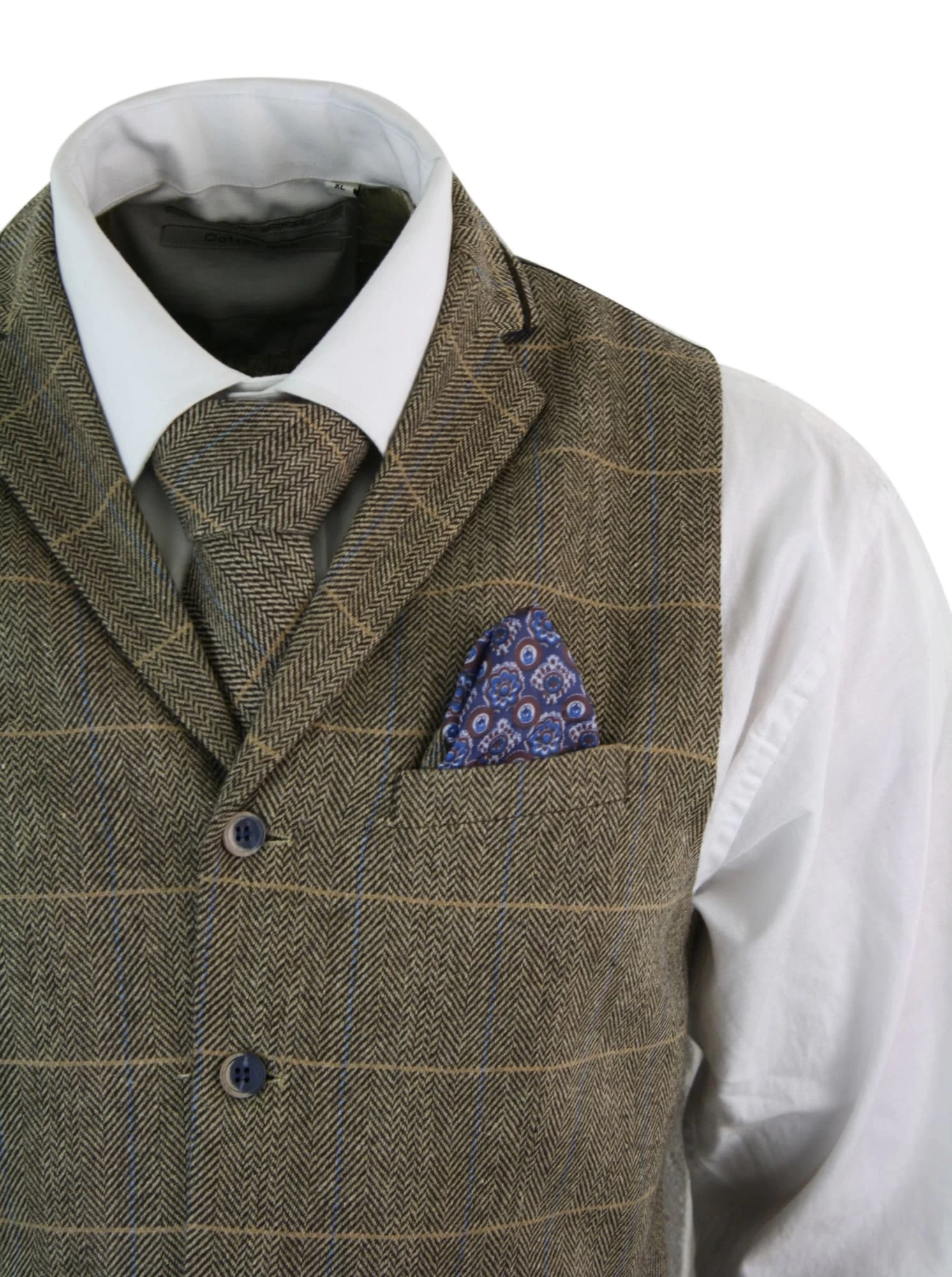 Cavani Albert β Mens Classic Tweed Herringbone Check Brown Grey Slim Fit Vintage Waistcoat Gilet-Tan - Image 5