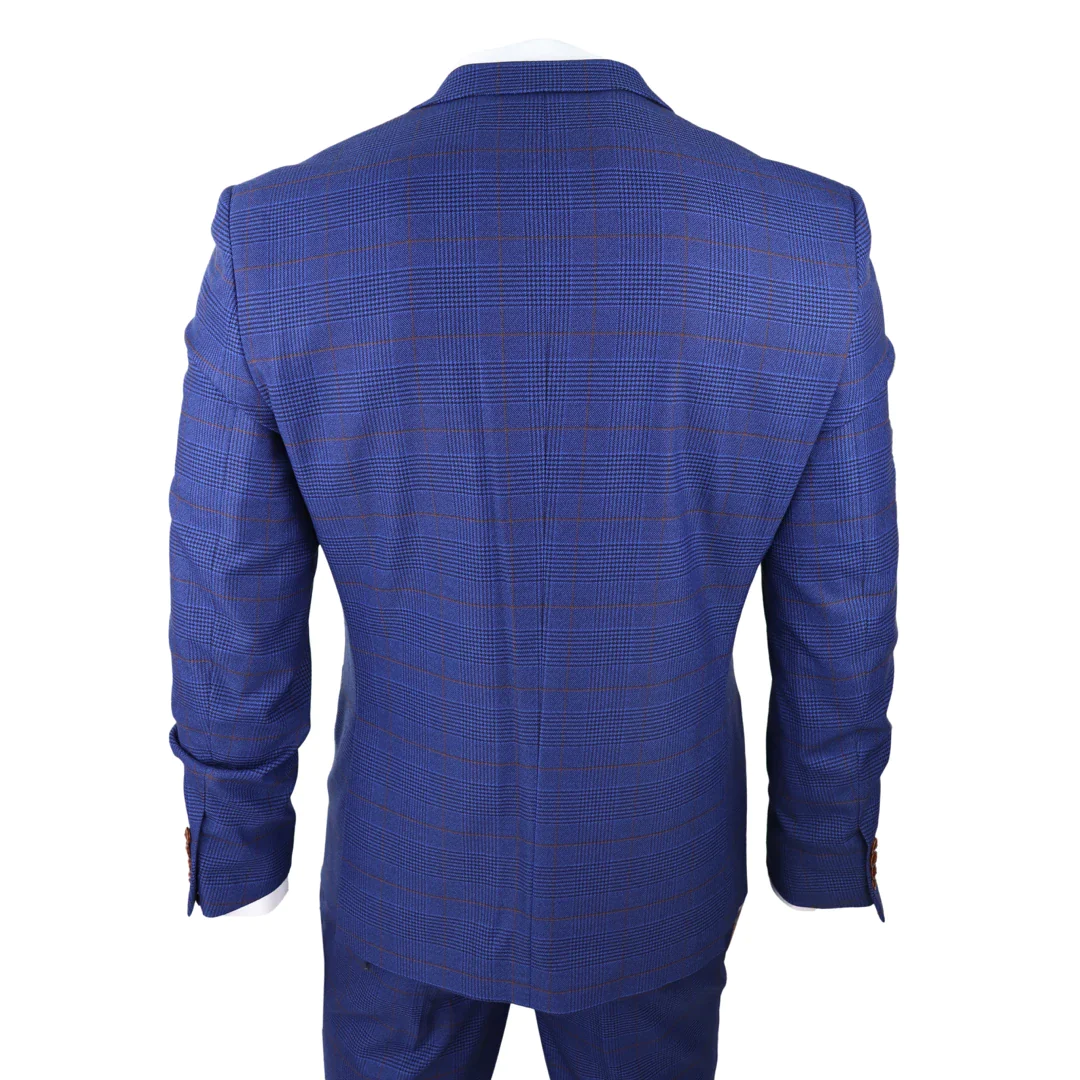 Mens Blue Brown Check 3 Piece Suit Tailored Fit Wedding Prom Races Prince Of Wales - Image 7