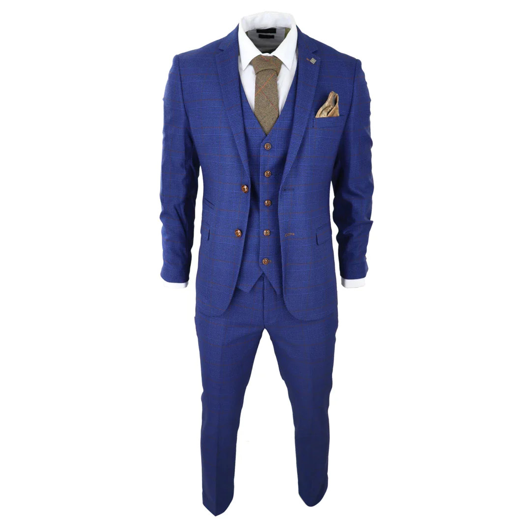Mens Blue Brown Check 3 Piece Suit Tailored Fit Wedding Prom Races Prince Of Wales - Image 3