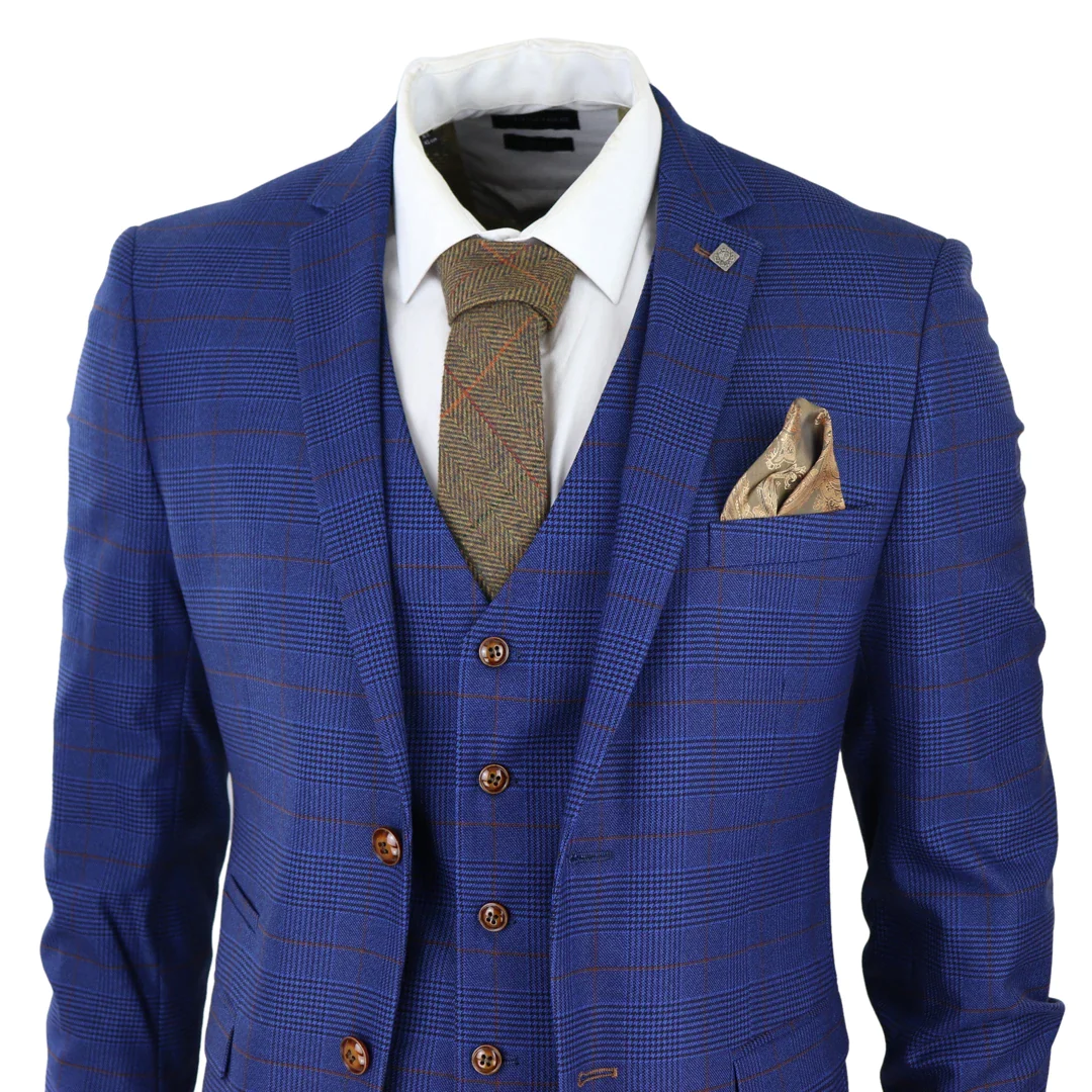 Mens Blue Brown Check 3 Piece Suit Tailored Fit Wedding Prom Races Prince Of Wales - Image 4