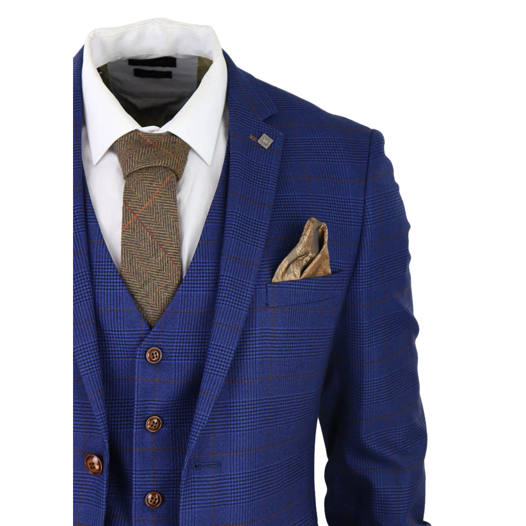Mens Blue Brown Check 3 Piece Suit Tailored Fit Wedding Prom Races Prince Of Wales - Image 6