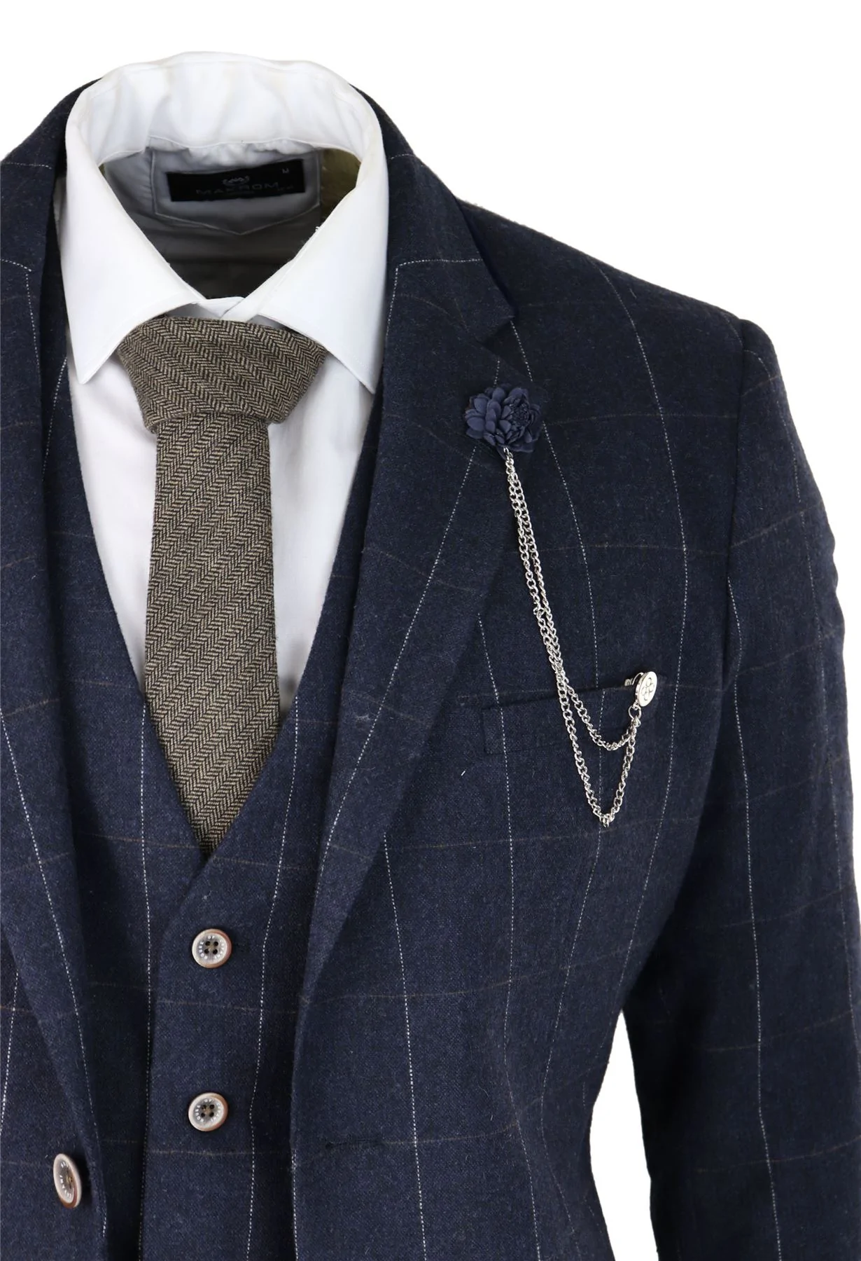 Mens Navy Check 3 Piece Suit Wool Tweed Classic 1920s Vintage Tailored Fit Wedding - Image 2