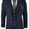 Mens Navy Check 3 Piece Suit Wool Tweed Classic 1920s Vintage Tailored Fit Wedding