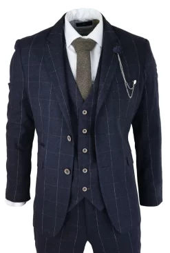 Mens Navy Check 3 Piece Suit Wool Tweed Classic 1920s Vintage Tailored Fit Wedding