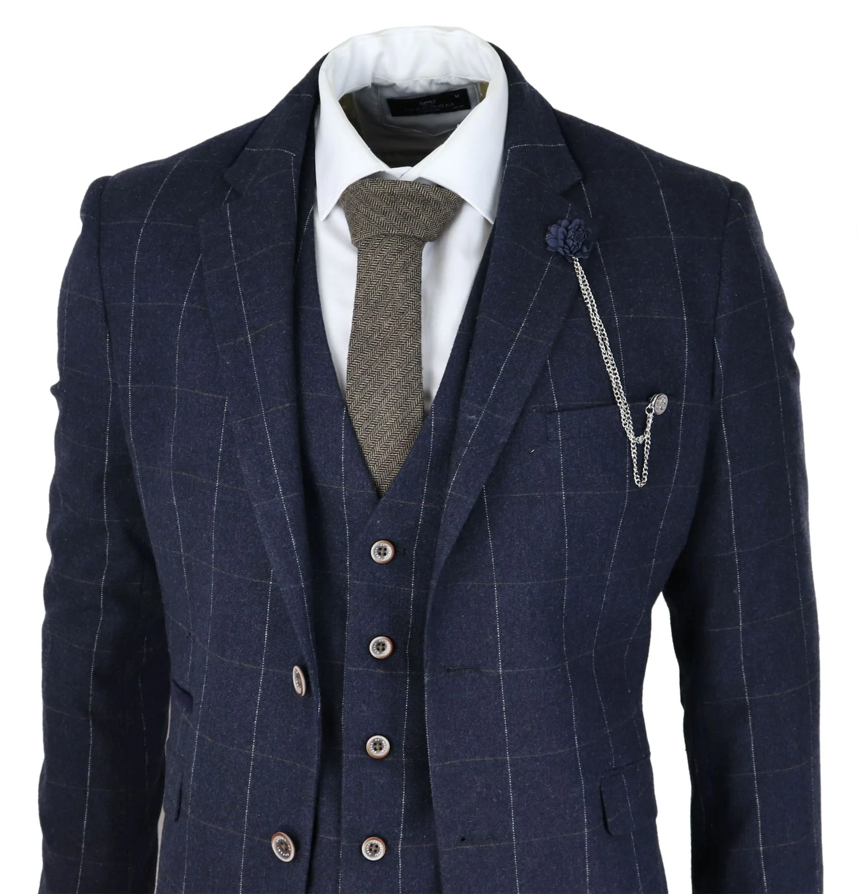 Mens Navy Check 3 Piece Suit Wool Tweed Classic 1920s Vintage Tailored Fit Wedding - Image 5