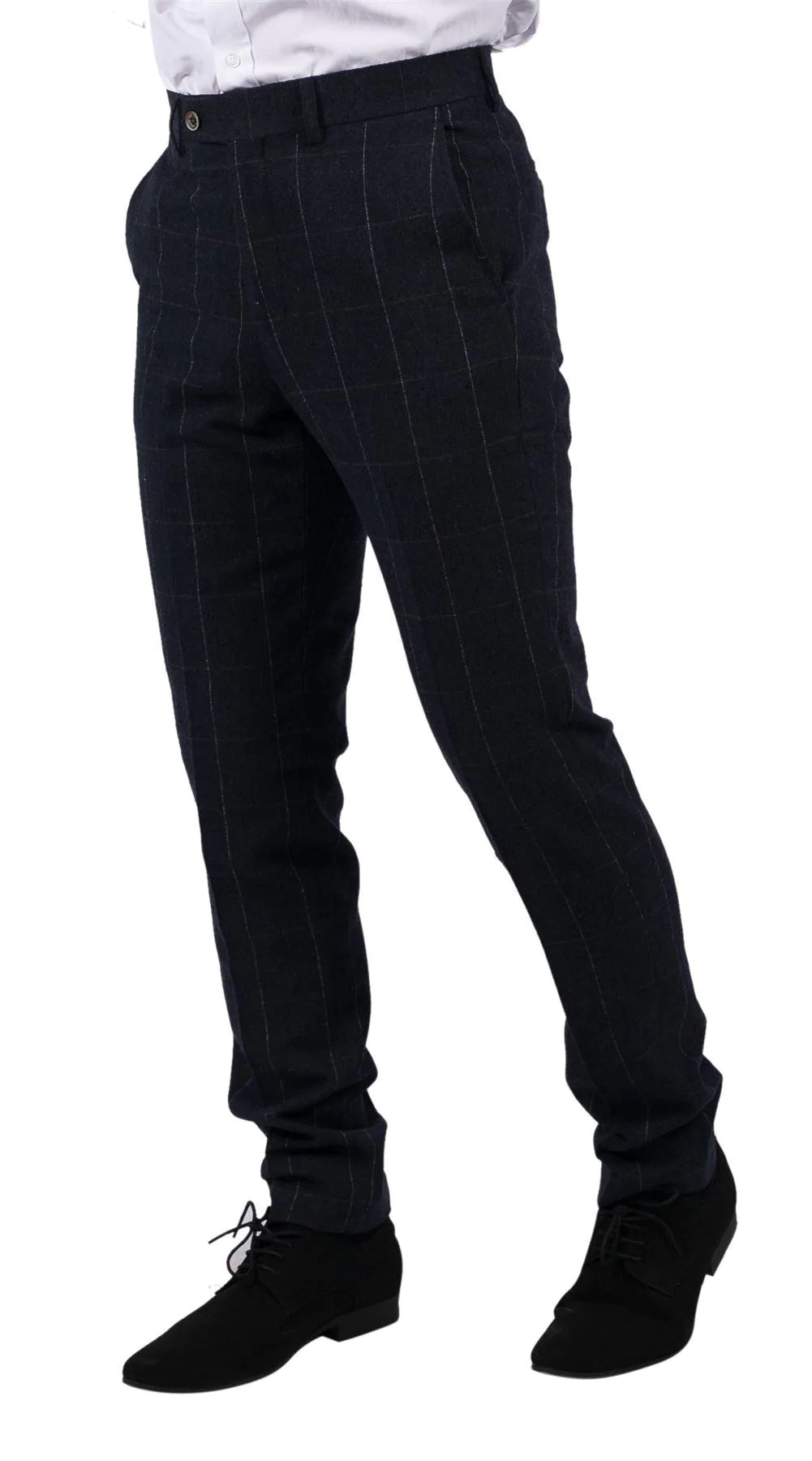 Mens Navy Check Trousers Wool Tweed Classic 1920s Vintage Tailored Fit Wedding - Image 2