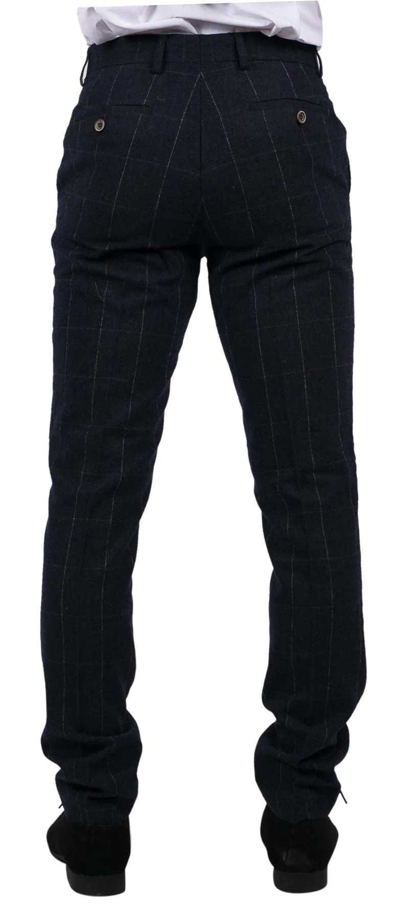 Mens Navy Check Trousers Wool Tweed Classic 1920s Vintage Tailored Fit Wedding - Image 3