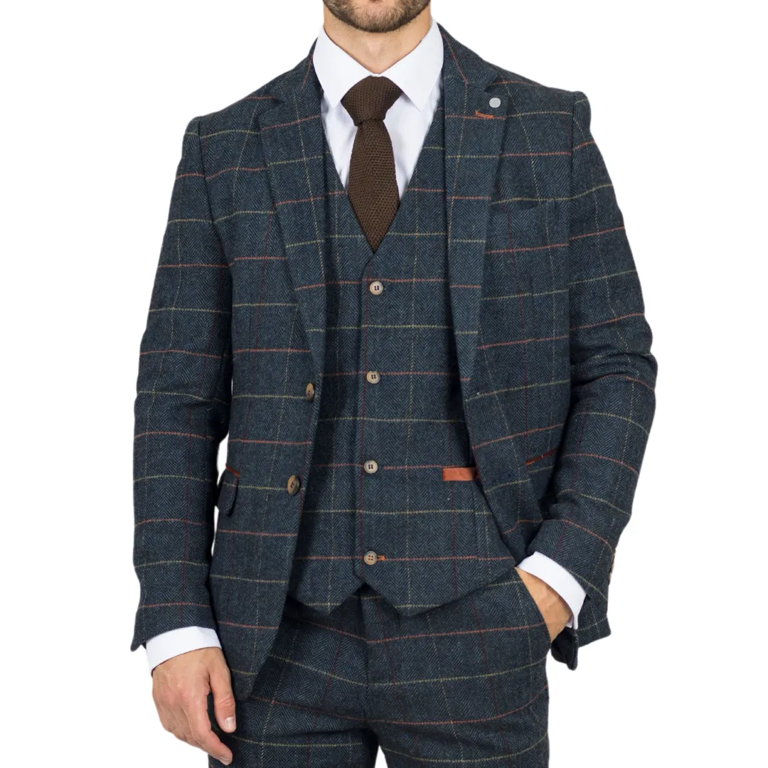 Archer – Men’s Navy Checked Herringbone Tweed Blazer - Image 2