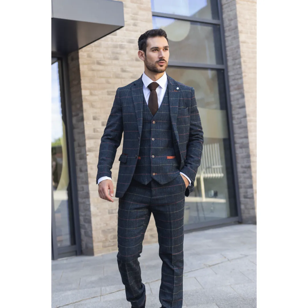 Archer – Men’s Navy Checked Herringbone Tweed 3 Piece Suit - Image 7