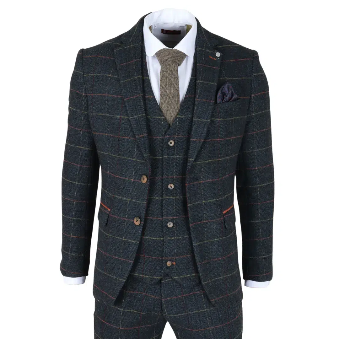 Archer – Men’s Navy Checked Herringbone Tweed 3 Piece Suit