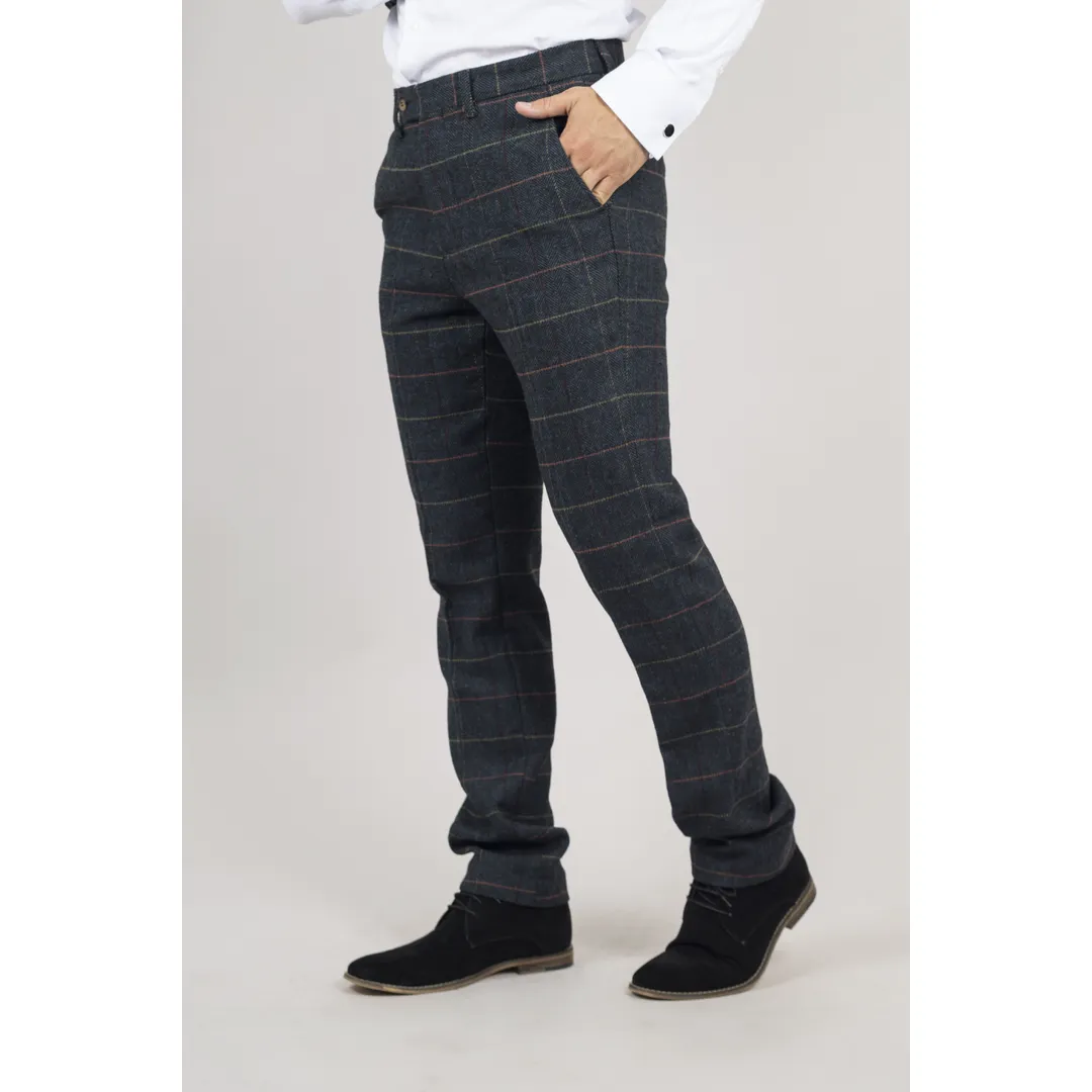 Archer – Men’s Navy Checked Herringbone Tweed Trousers - Image 2