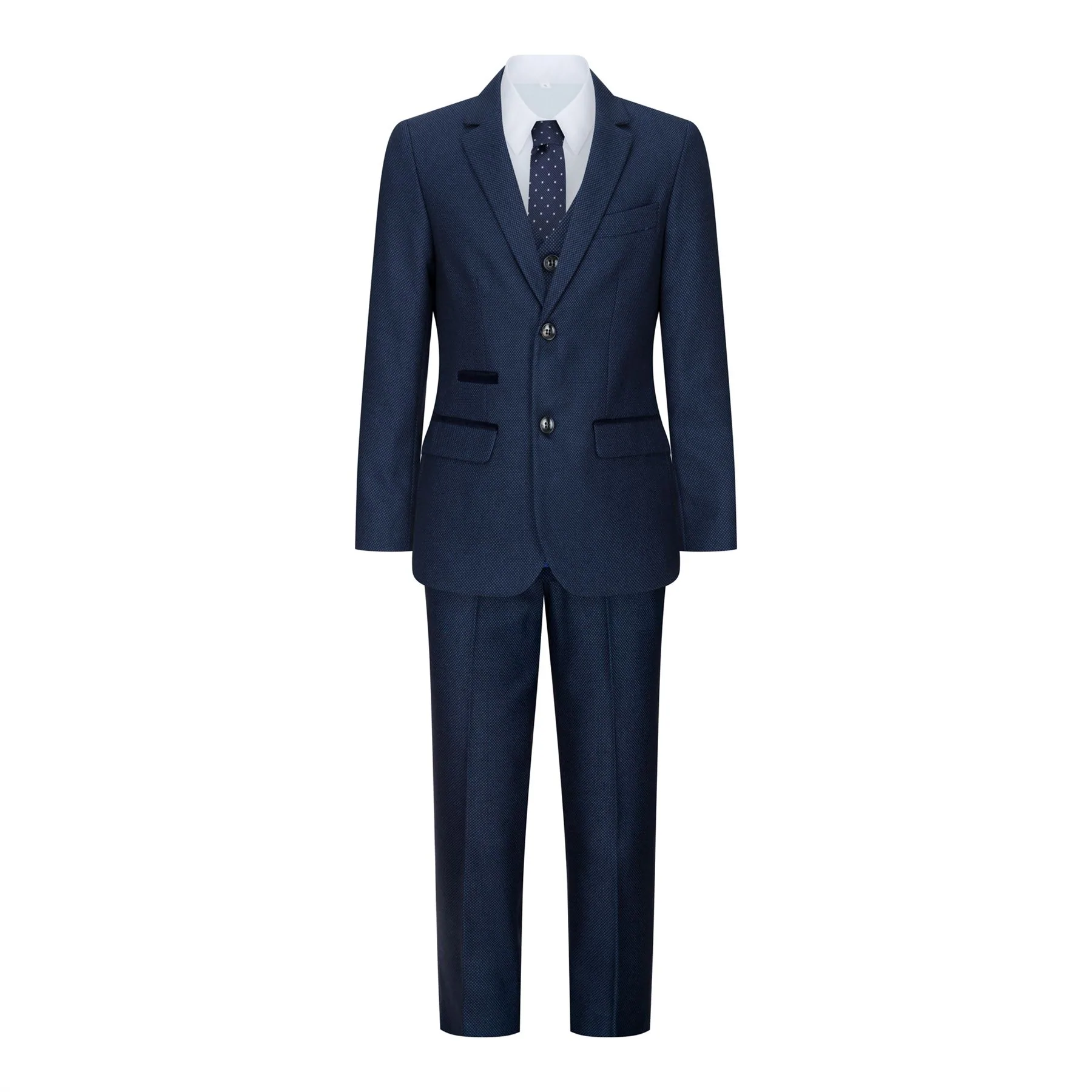 Boys Navy Blue 3 Piece Tweed Birdseye Suit Smart Formal Wedding Classic 1920s - Image 2