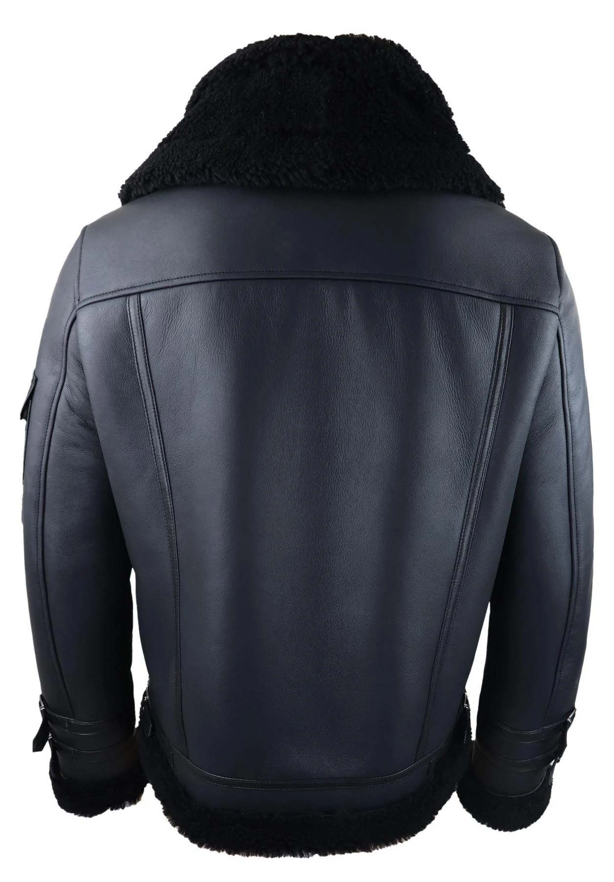 Mens Shearling Sheepskin Coat Zipped Flying Jacket Black Winter Warm Fur - Image 2