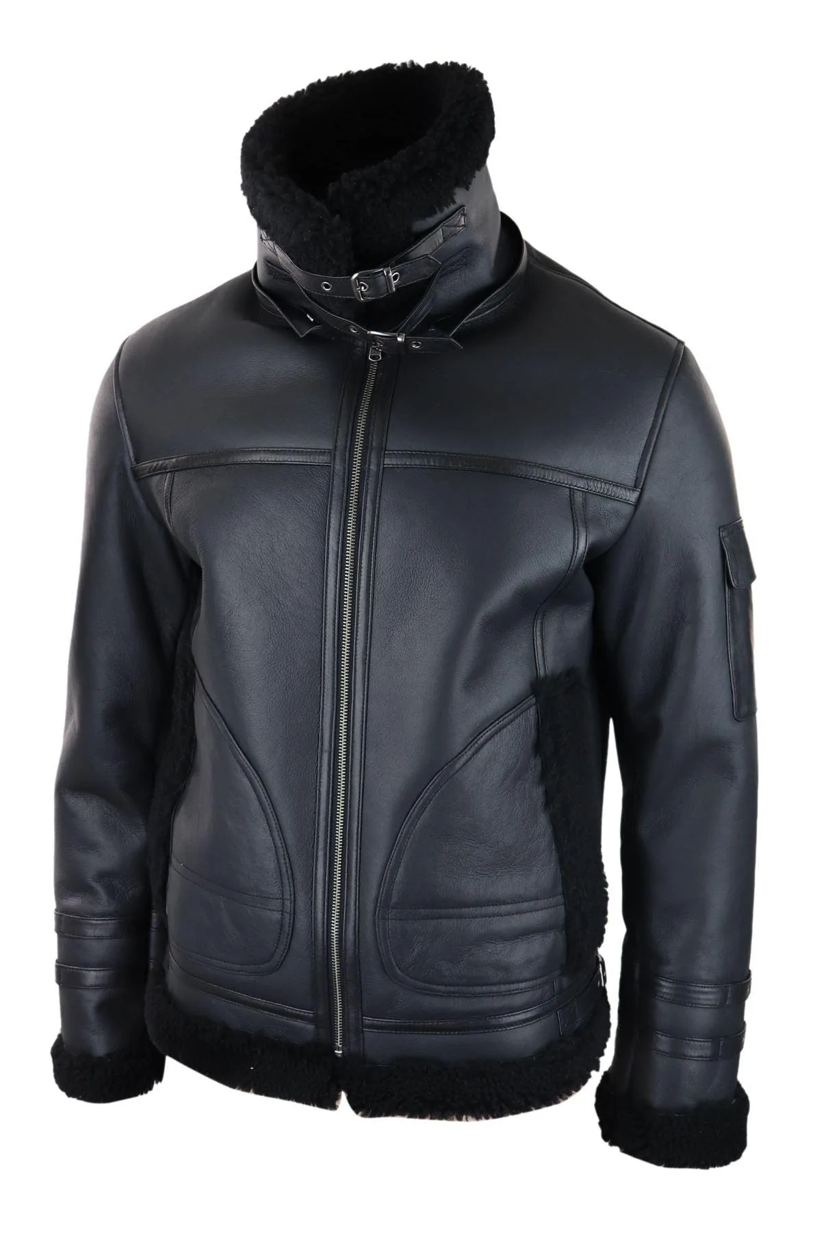 Mens Shearling Sheepskin Coat Zipped Flying Jacket Black Winter Warm Fur - Image 3