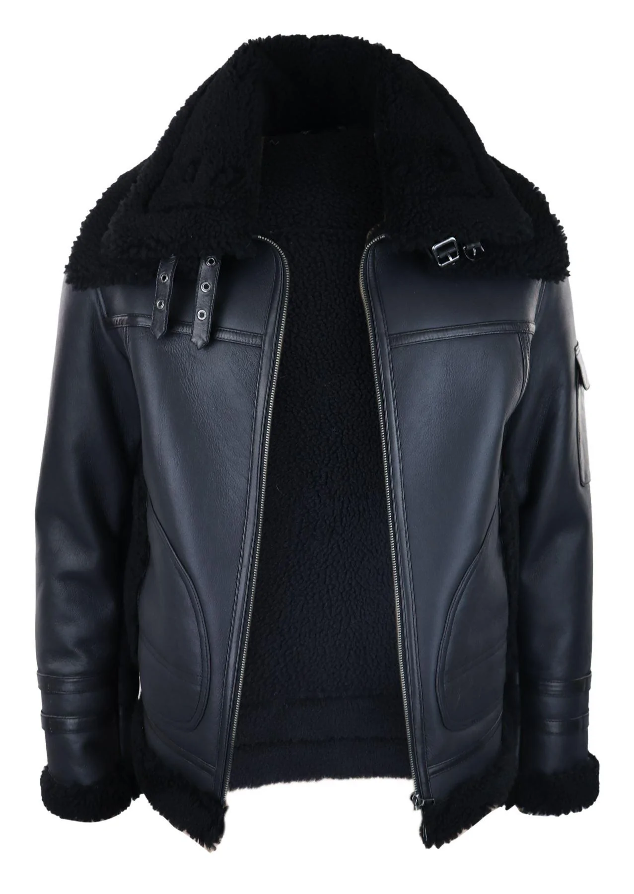 Mens Shearling Sheepskin Coat Zipped Flying Jacket Black Winter Warm Fur - Image 4