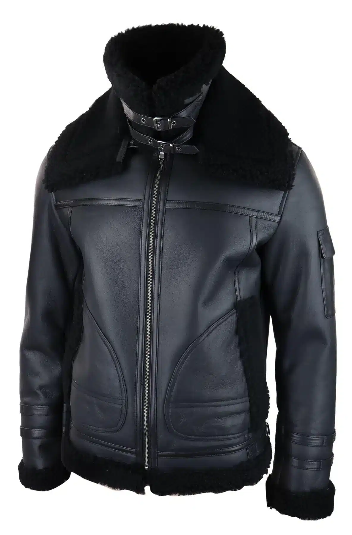 Mens Shearling Sheepskin Coat Zipped Flying Jacket Black Winter Warm Fur - Image 6