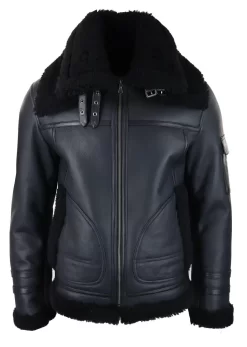 Mens Shearling Sheepskin Coat Zipped Flying Jacket Black Winter Warm Fur
