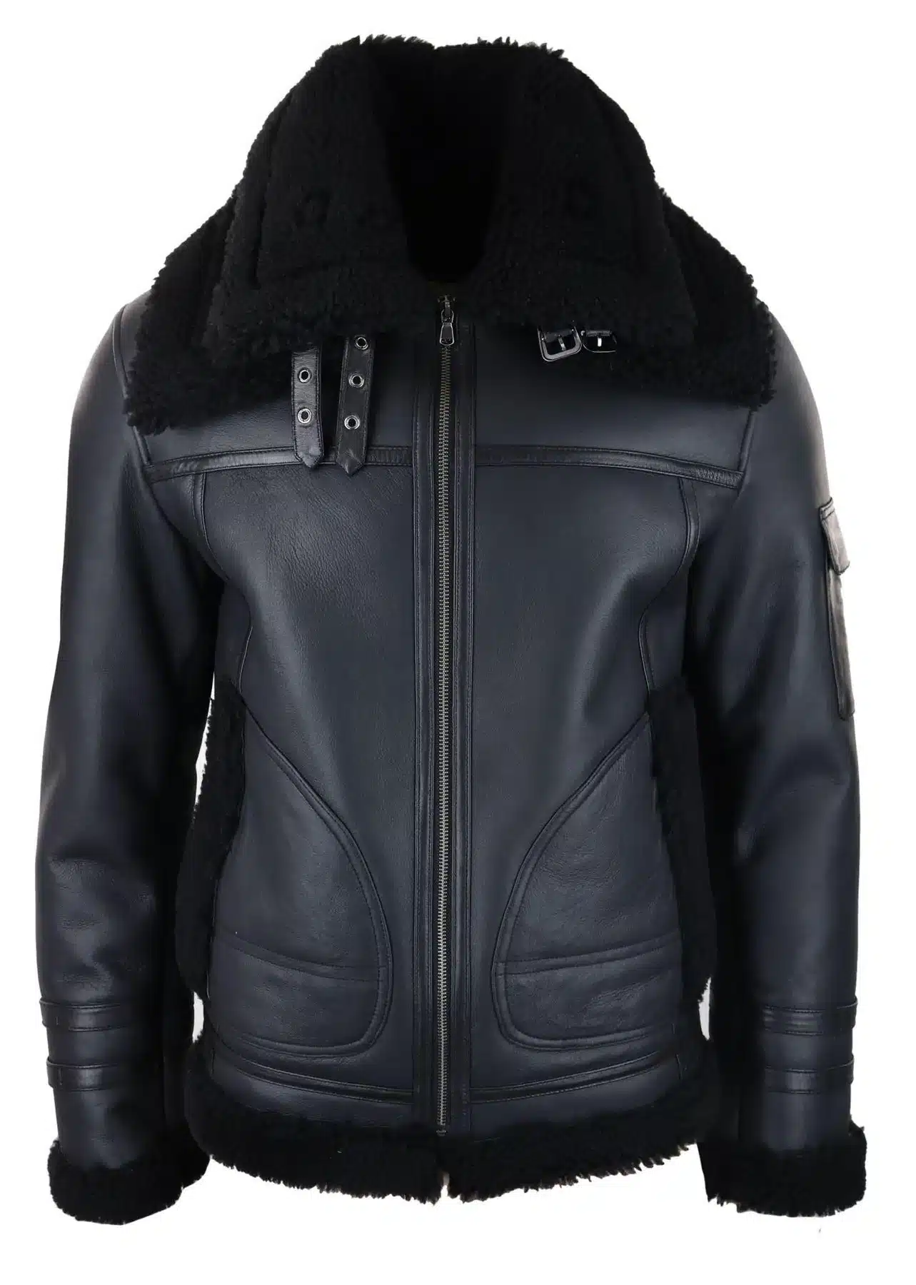 Mens Shearling Sheepskin Coat Zipped Flying Jacket Black Winter Warm Fur