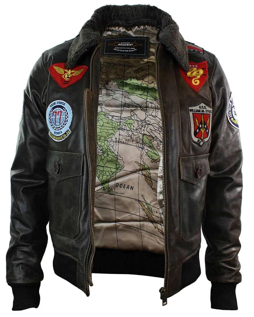 Mens Real Leather US Aviator Air Force Pilot Flying Bomber Jacket Black Fur Collar-Brown - Image 2