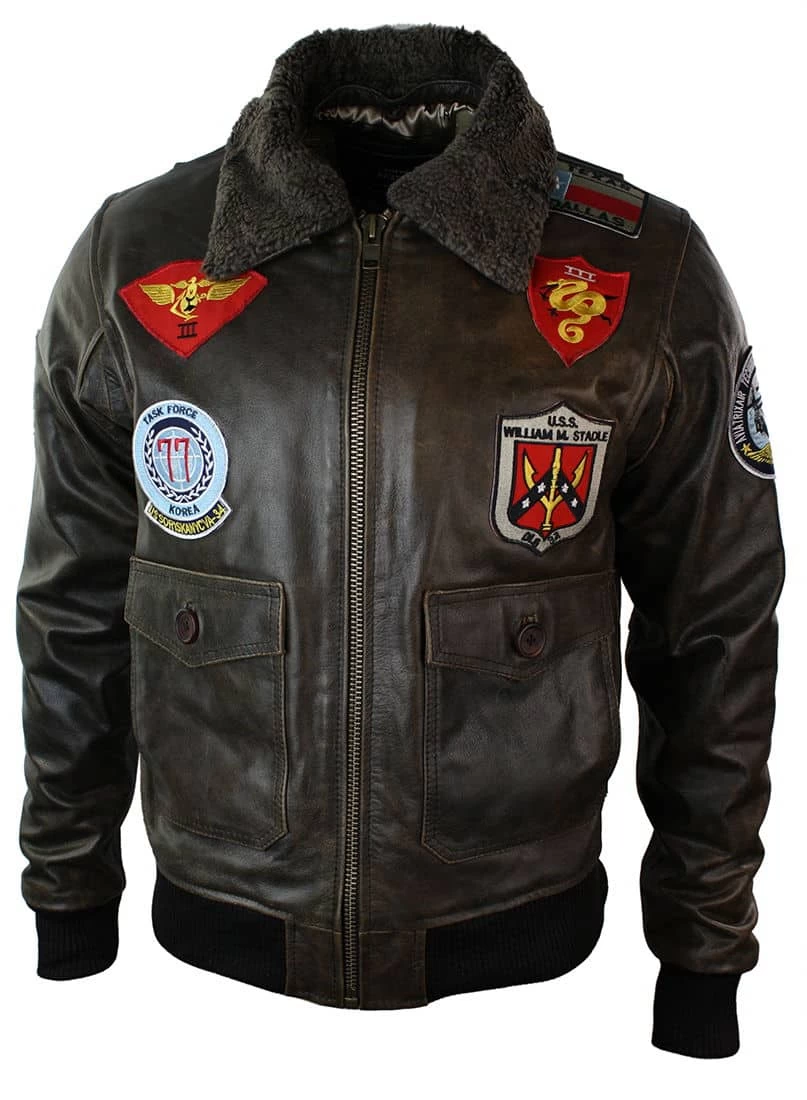 Mens Real Leather US Aviator Air Force Pilot Flying Bomber Jacket Black Fur Collar-Brown - Image 4
