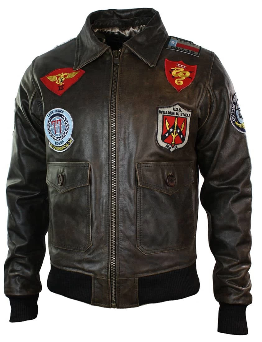 Mens Real Leather US Aviator Air Force Pilot Flying Bomber Jacket Black Fur Collar-Brown - Image 6