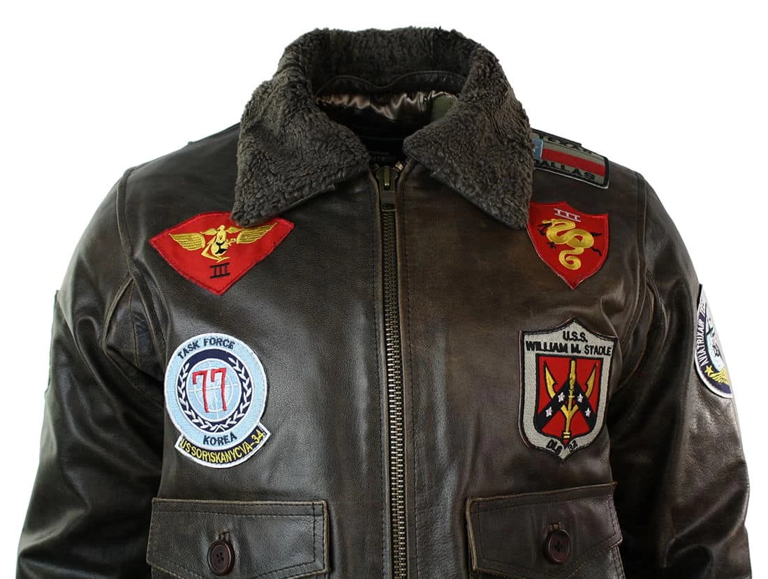 Mens Real Leather US Aviator Air Force Pilot Flying Bomber Jacket Black Fur Collar-Brown - Image 3