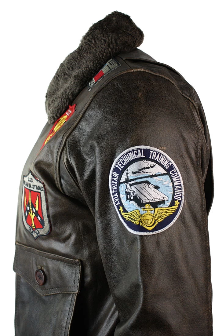 Mens Real Leather US Aviator Air Force Pilot Flying Bomber Jacket Black Fur Collar-Brown - Image 5