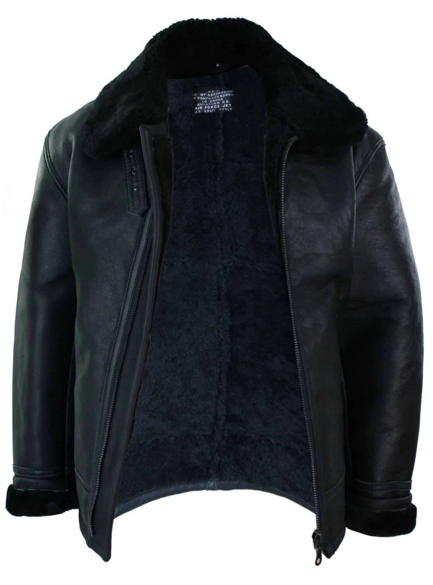 Mens Real Leather Sherling Sheepskin Original B3 Flying Pilot Jacket Warm Winter-B3 Black Black - Image 5