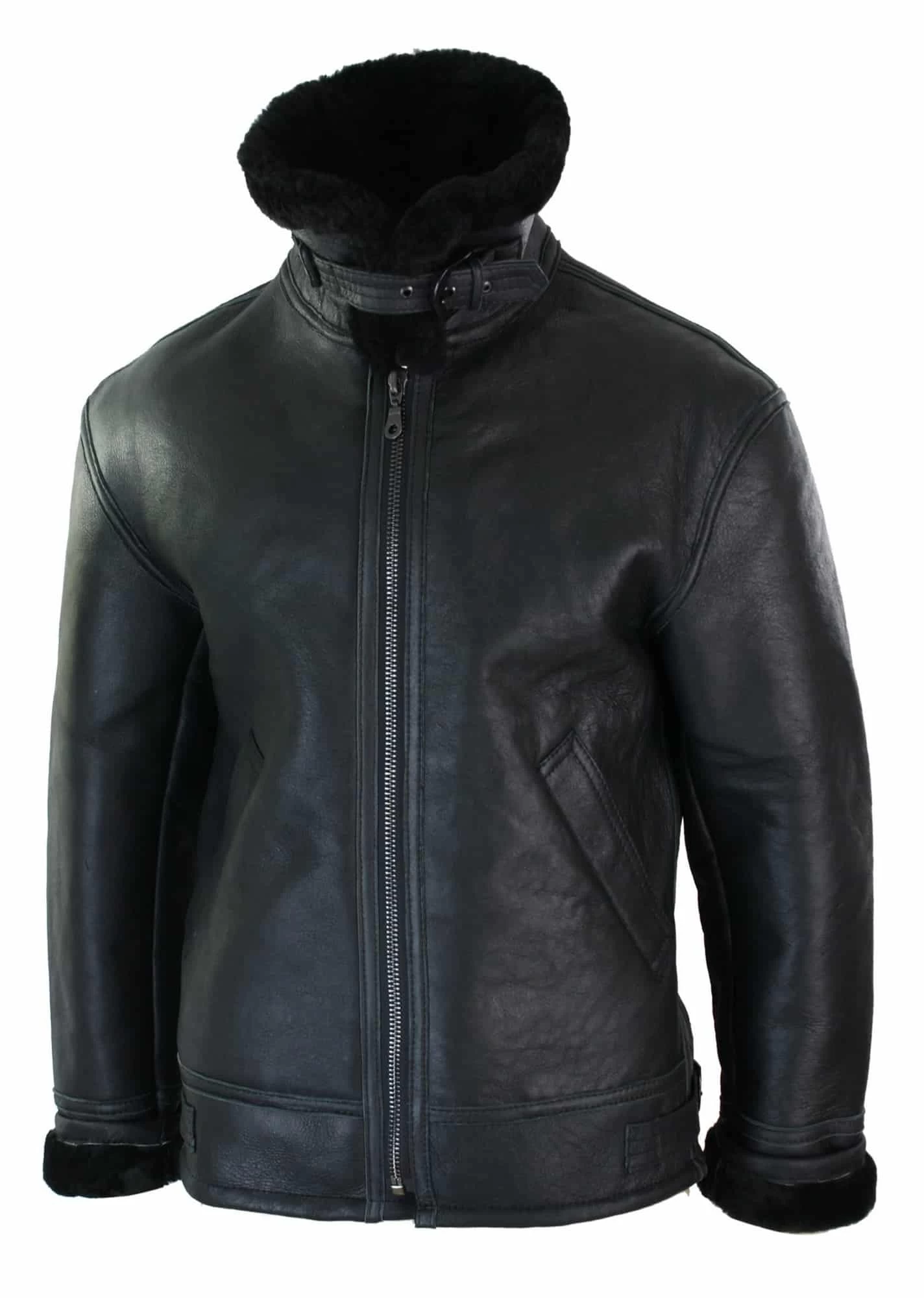 Mens Real Leather Sherling Sheepskin Original B3 Flying Pilot Jacket Warm Winter-B3 Black Black - Image 3