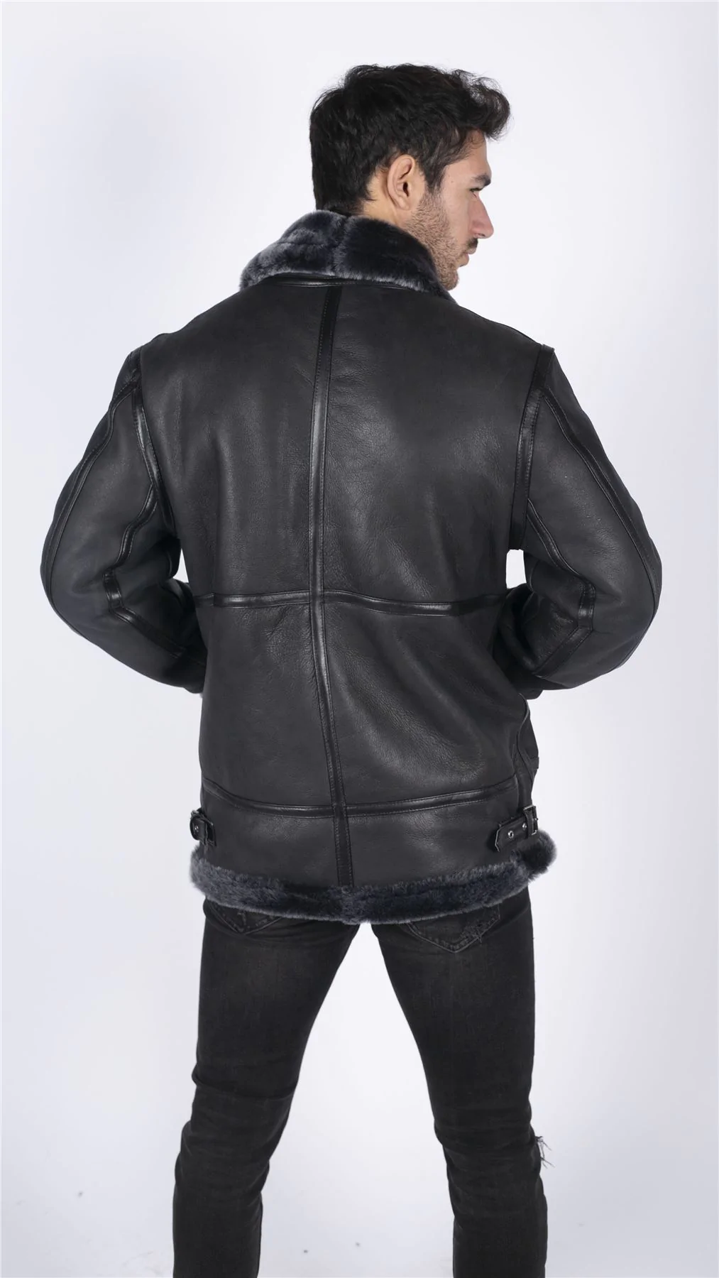Mens Genuine Sheepskin Leather B3 Flying Aviator Jacket Black Grey Fur - Image 6