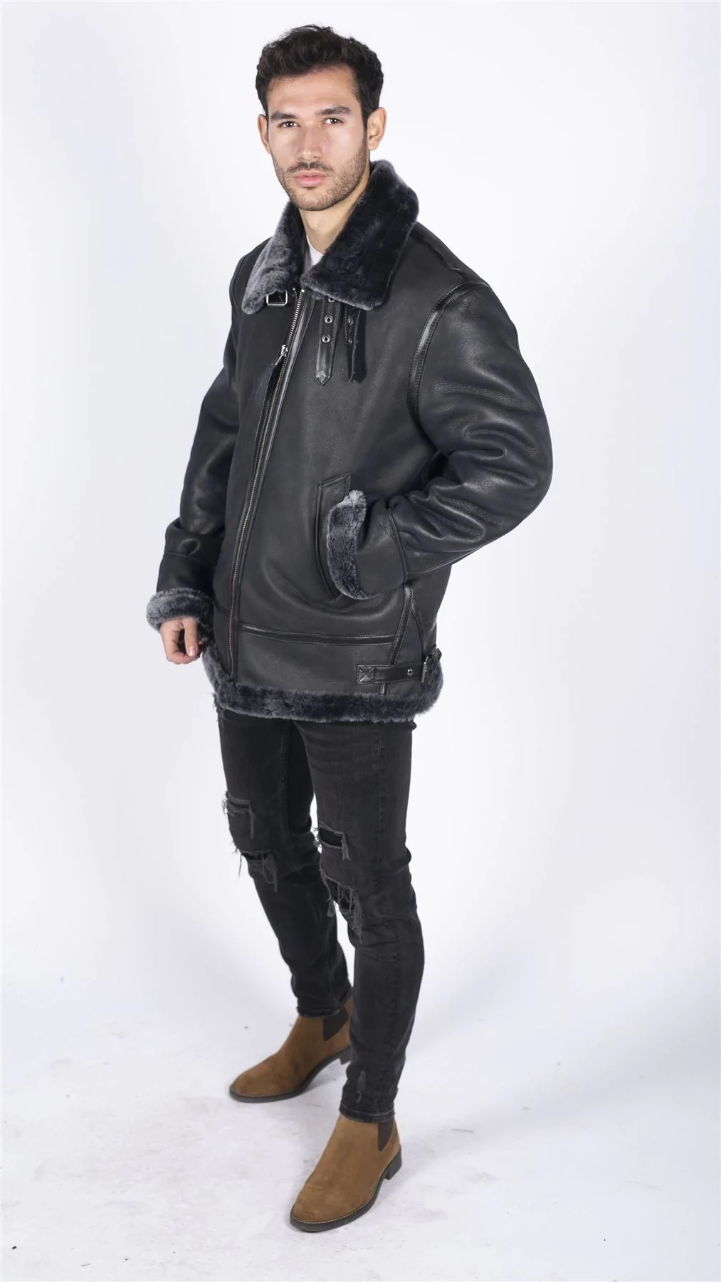 Mens Genuine Sheepskin Leather B3 Flying Aviator Jacket Black Grey Fur - Image 3