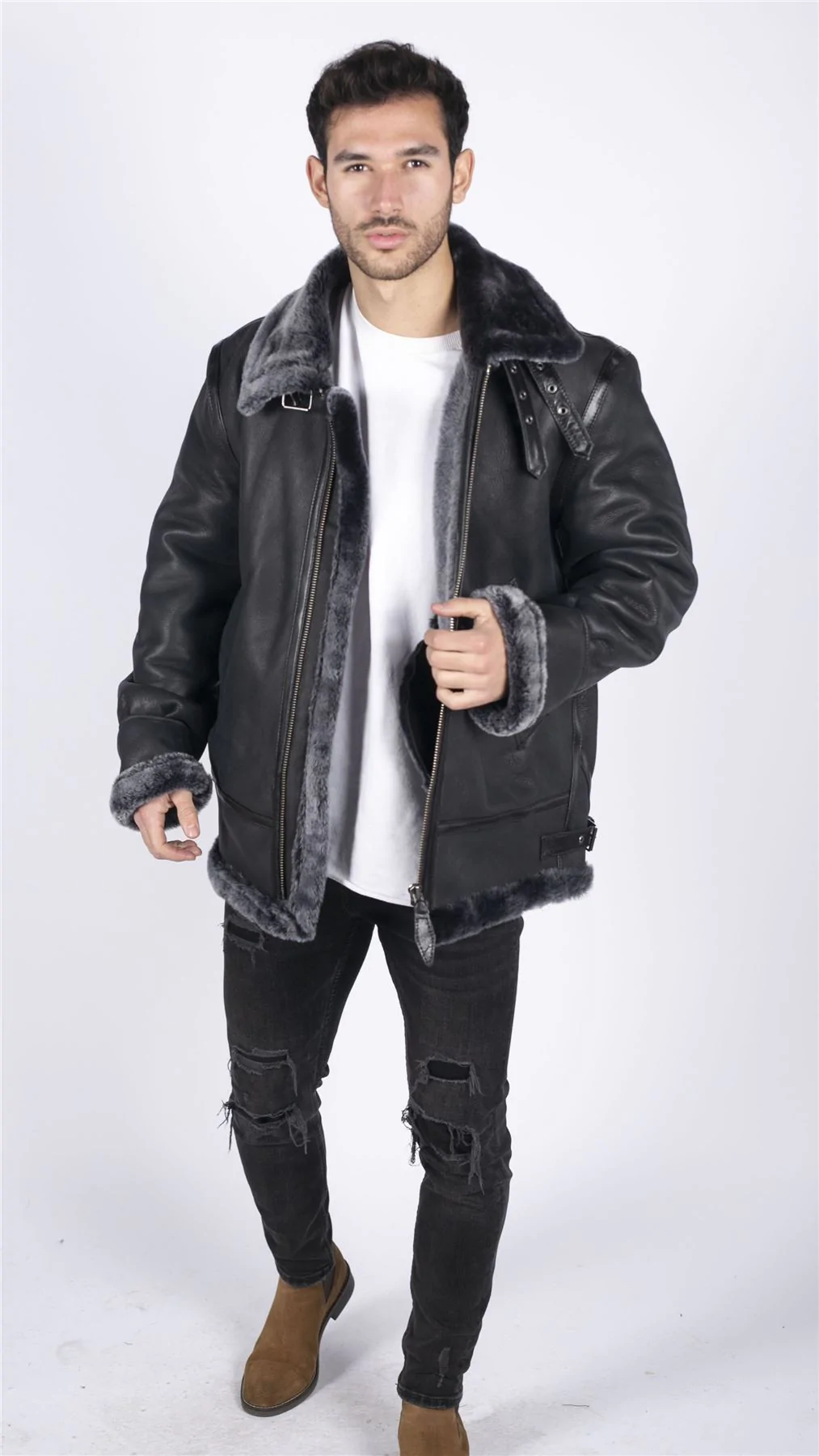 Mens Genuine Sheepskin Leather B3 Flying Aviator Jacket Black Grey Fur - Image 4