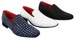 Mens Suede Slip On Loafers Shoes Stud Spikes Silver Smart Casual Shiny Party