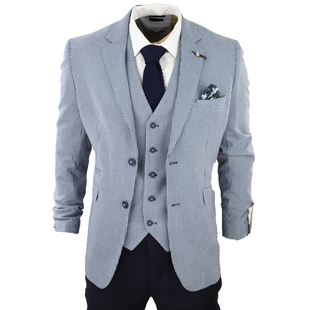 Baresi Men’s 3-Piece Grey And Navy Contrasting Classic Summer Check Suit