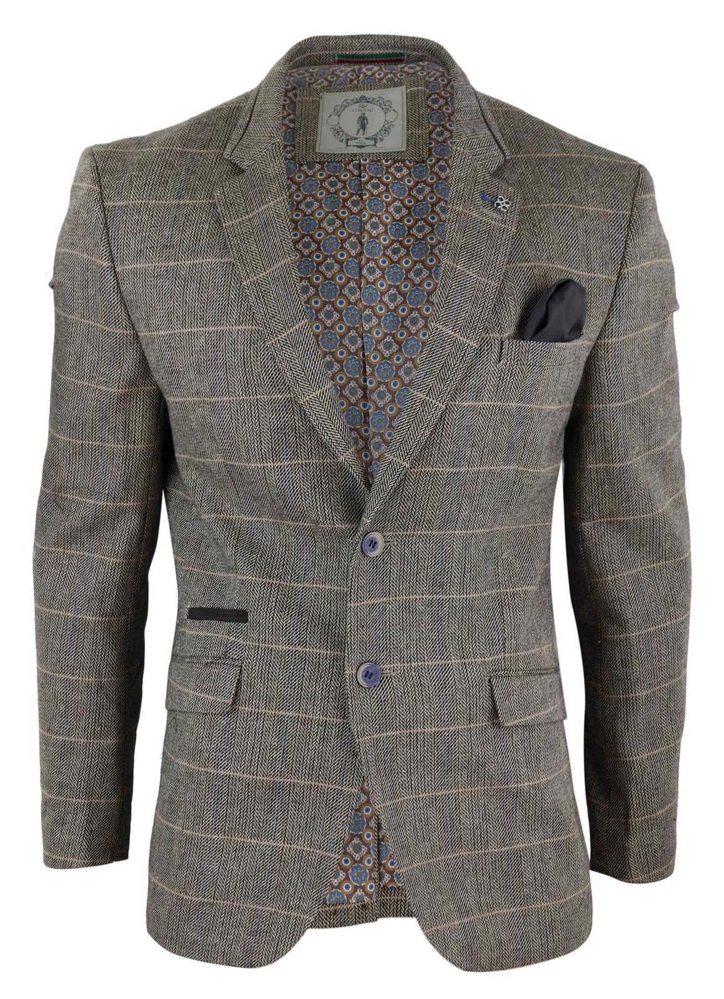 Mens Oak Brown Vintage Check Herringbone Tweed Blazer Jacket Or Waistcoat Retro