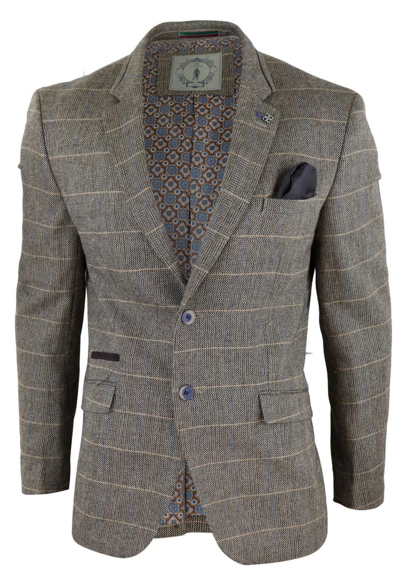 Mens Oak Brown Vintage Check Herringbone Tweed Blazer Jacket Or Waistcoat Retro - Image 3