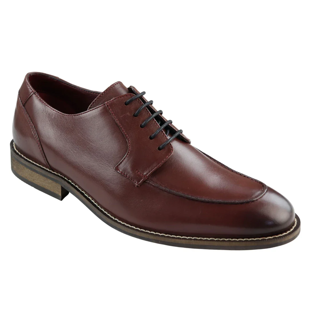 Mens Real Full Leather Black Welted Derby Shoes Smart Casual Burgundy Wine Classic Vintage - Image 2