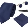 Satin Silk Navy Tie Gift Set Pocket Square Cuff Links Tie Shiny Satin