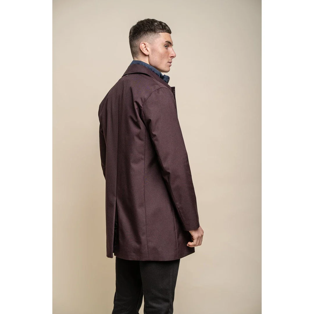 Men’s Brando Mac Burgundy Overcoat Jacket High Collar Zip Button 3/9 - Image 4