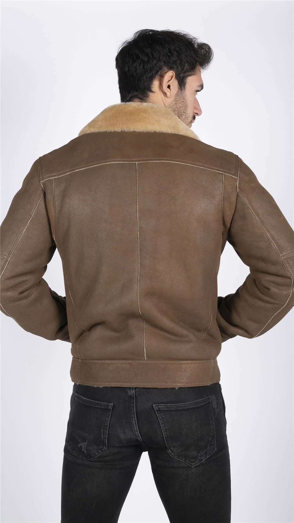 Mens Genuine Sheepskin Leather Cross Zip Flying Aviator Jacket Camel Brown Fur - Image 6