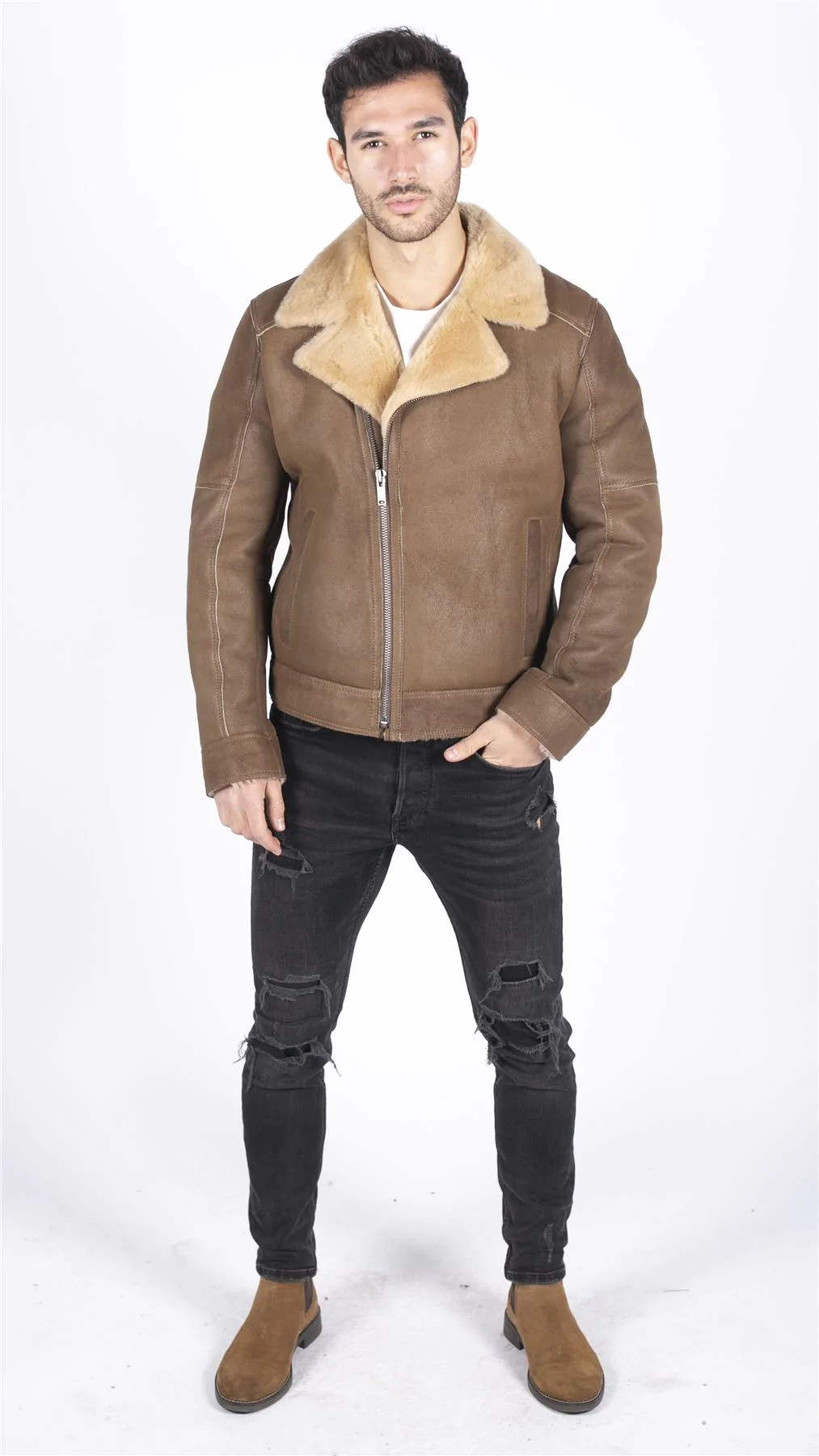Mens Genuine Sheepskin Leather Cross Zip Flying Aviator Jacket Camel Brown Fur - Image 2
